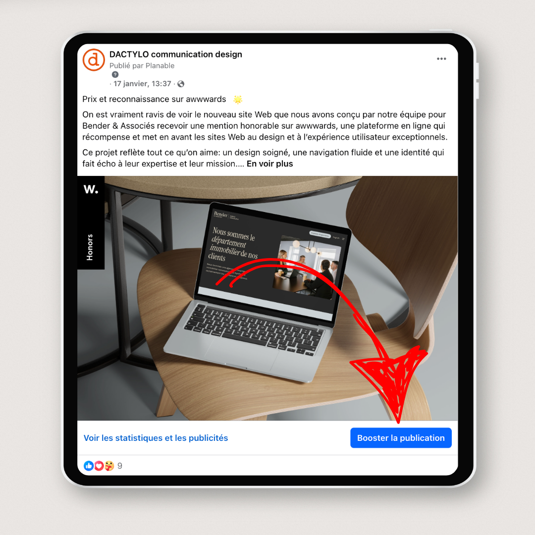 Étape boost Facebook : flèche qui montre le bouton « booster »