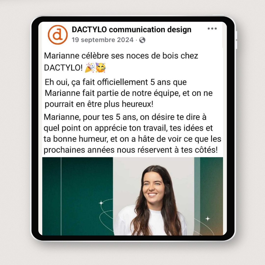 Publication pour souligner les 5 ans d’une employée chez DACTYLO
