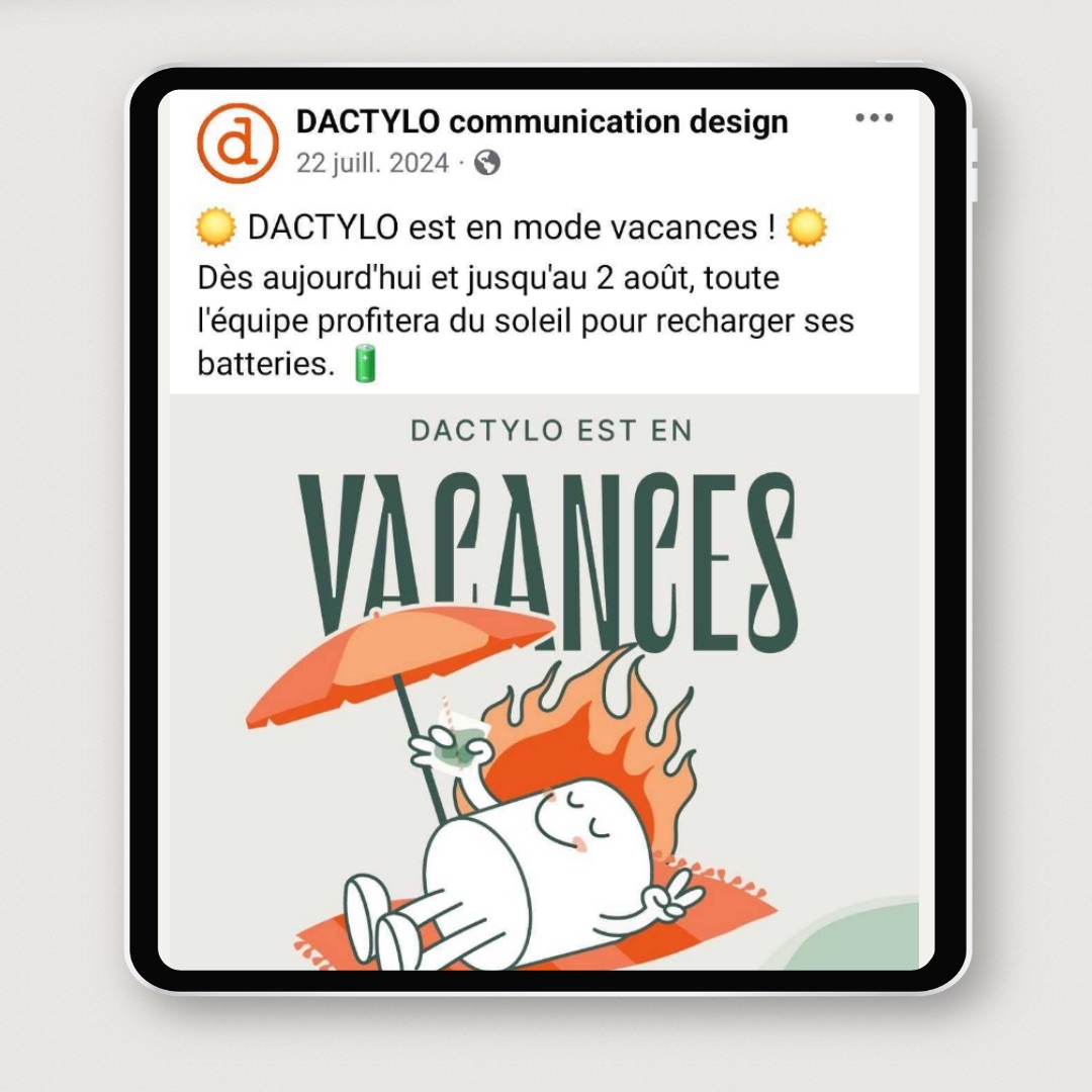 Illustration personnage sous parasol avec DACTYLO EST EN VACANCES écrit