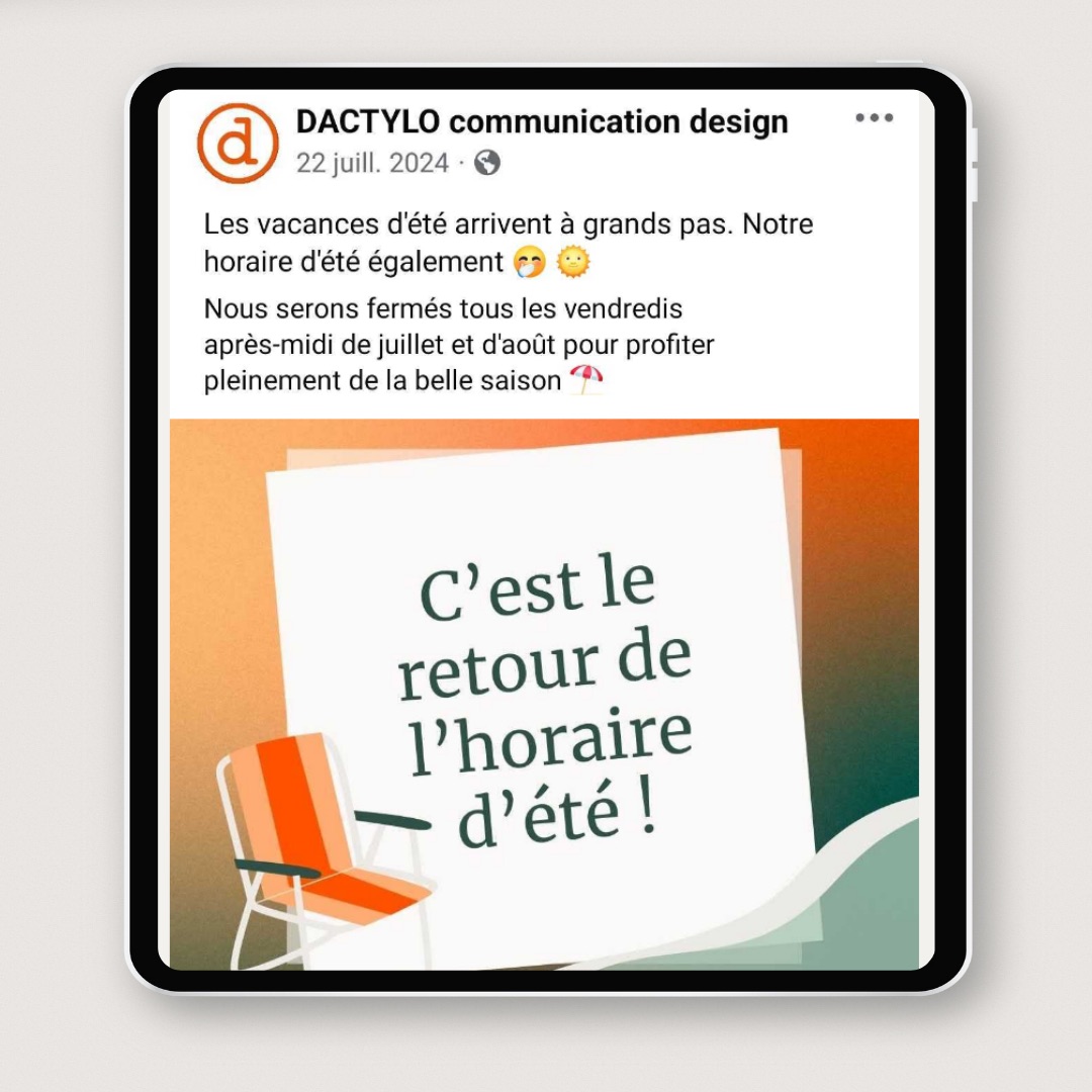 Visuel écrit RETOUR HORAIRE D’ÉTÉ pour communiquer sa marque employeur