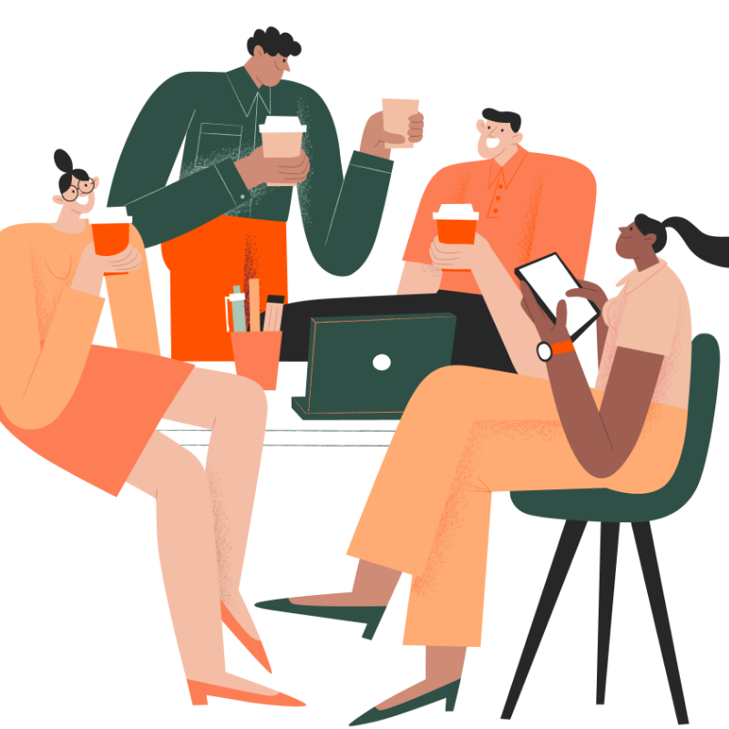 Illustration moment complice entre collègues au bureau pour communiquer sa marque employeur