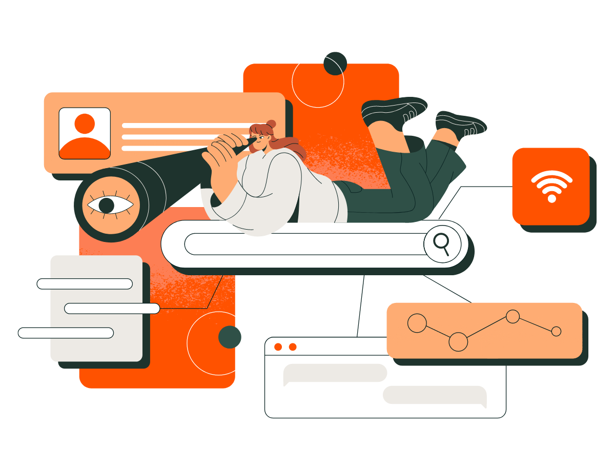Illustration d’une personne avec longue-vue cherchant à augmenter sa visibilité en ligne