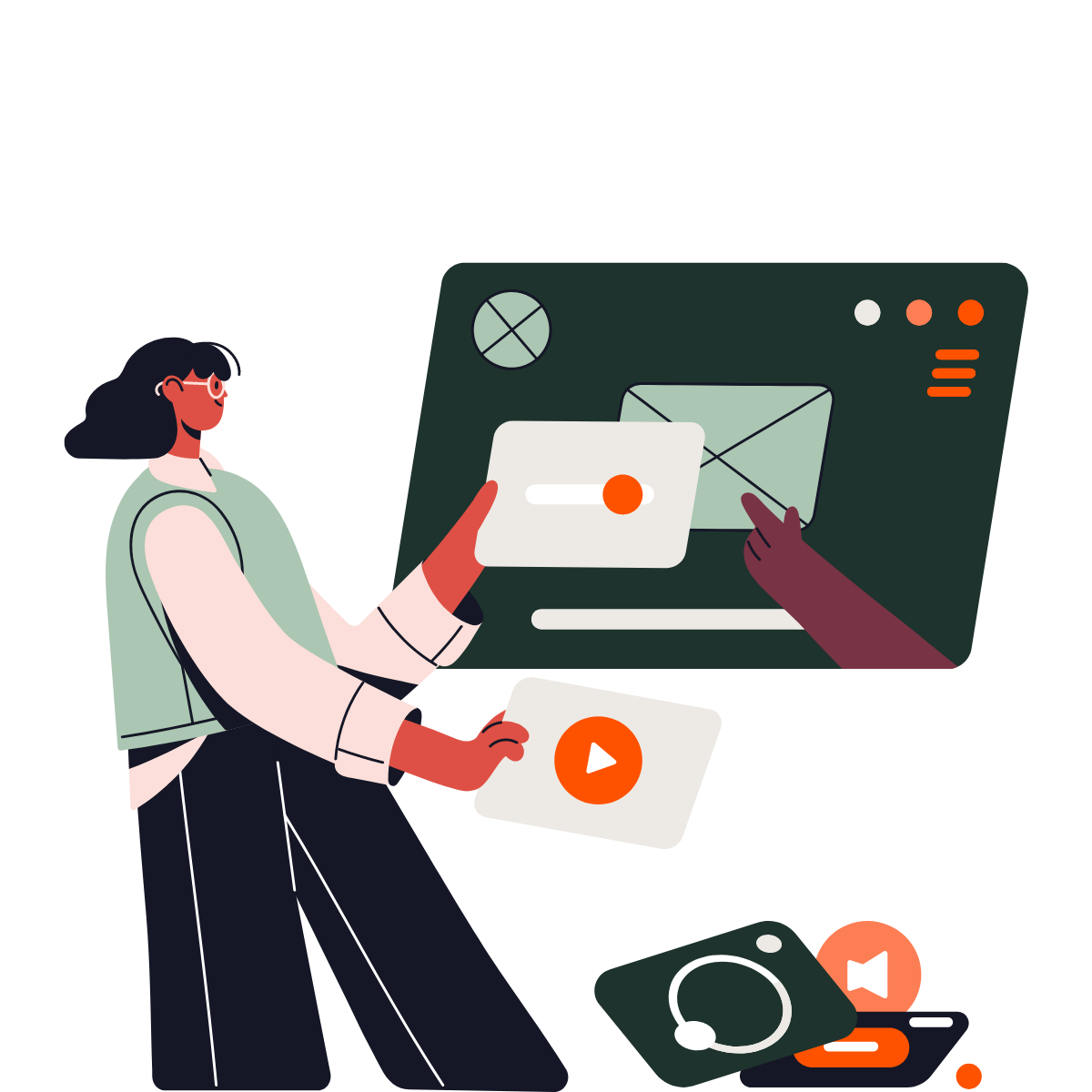 Illustration d’une femme ajoutant des vidéos et images pour enrichir son contenu Web